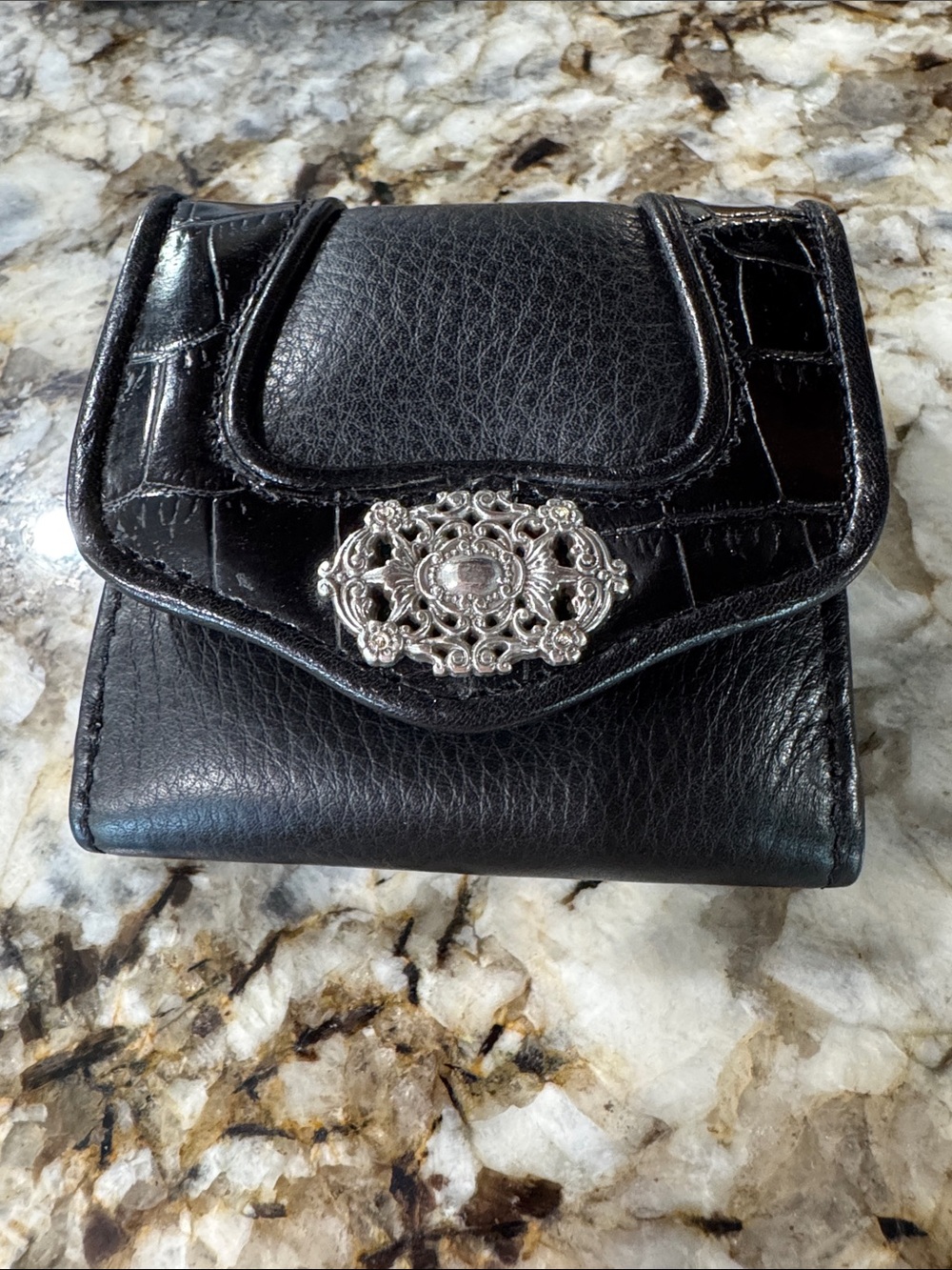Black Leather Brighton Women's Compact Wallet with Decorative Silver Accent